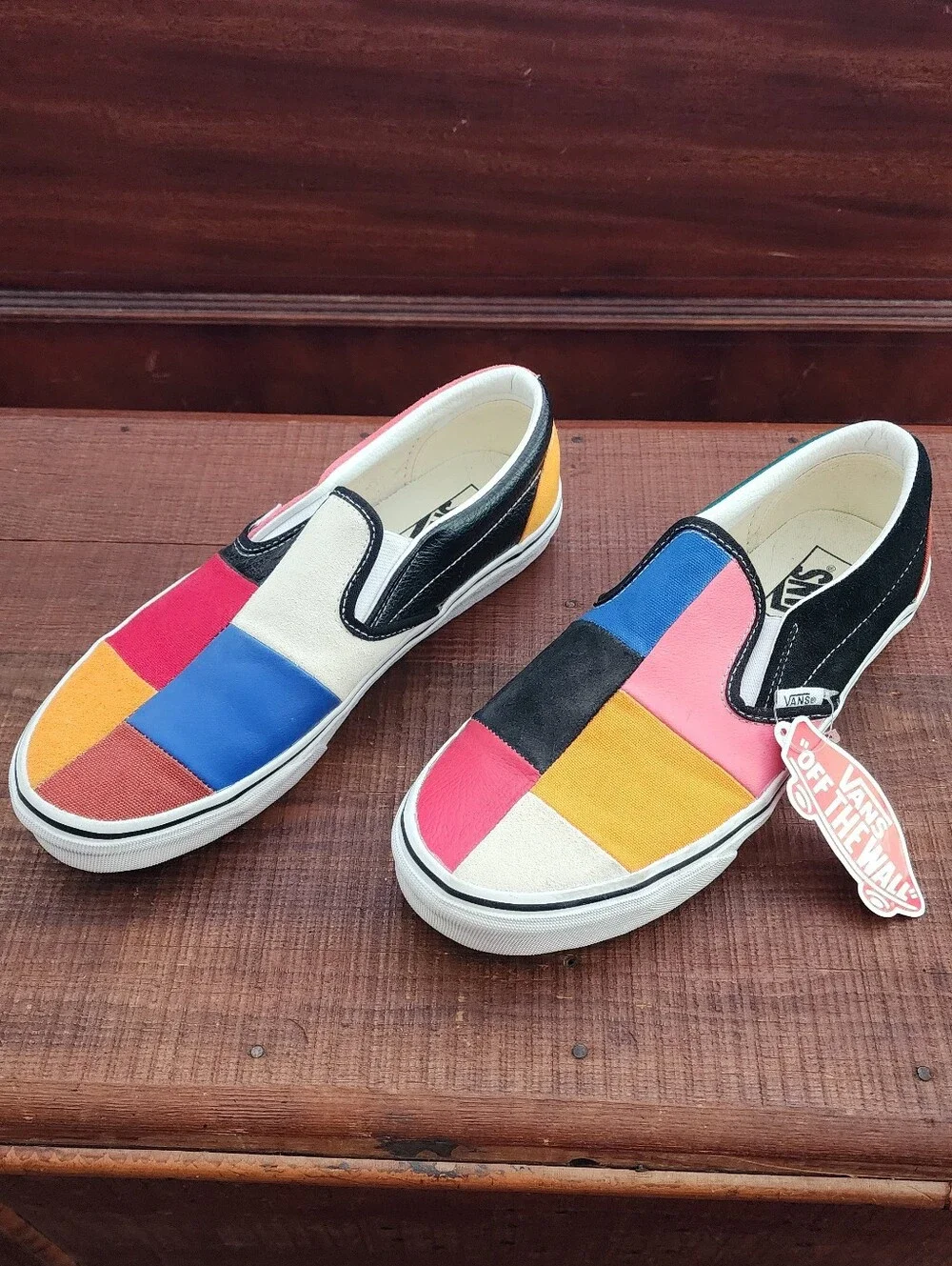 Vans Classic Slip-On Patchwork Sneakers in Red, Blue, Pink, Yellow, Black, Cream